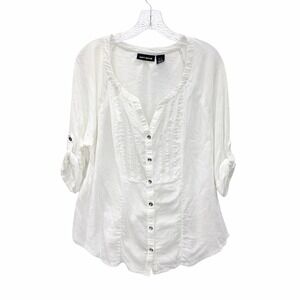 DKNY Jeans White Button Front Pintuck Blouse Roll Tab Sleeve Lightweight XL